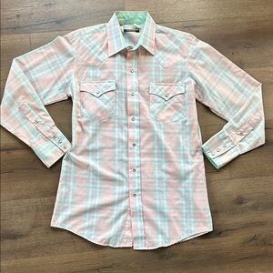 Karman Vintage Pink and Green Plaid Button Down Shirt ! Size 15.5